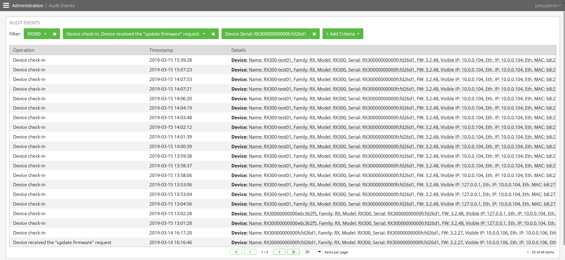 Administration - Audit events (filtered)