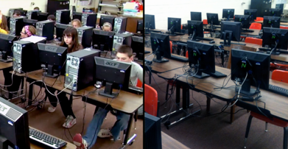 Before & After: Replacing PCs with L300 thin clients saves money, resources while reducing power usage and desk space. Before & After: Replacing PCs with L300 thin clients saves money, resources while reducing power usage and desk space.